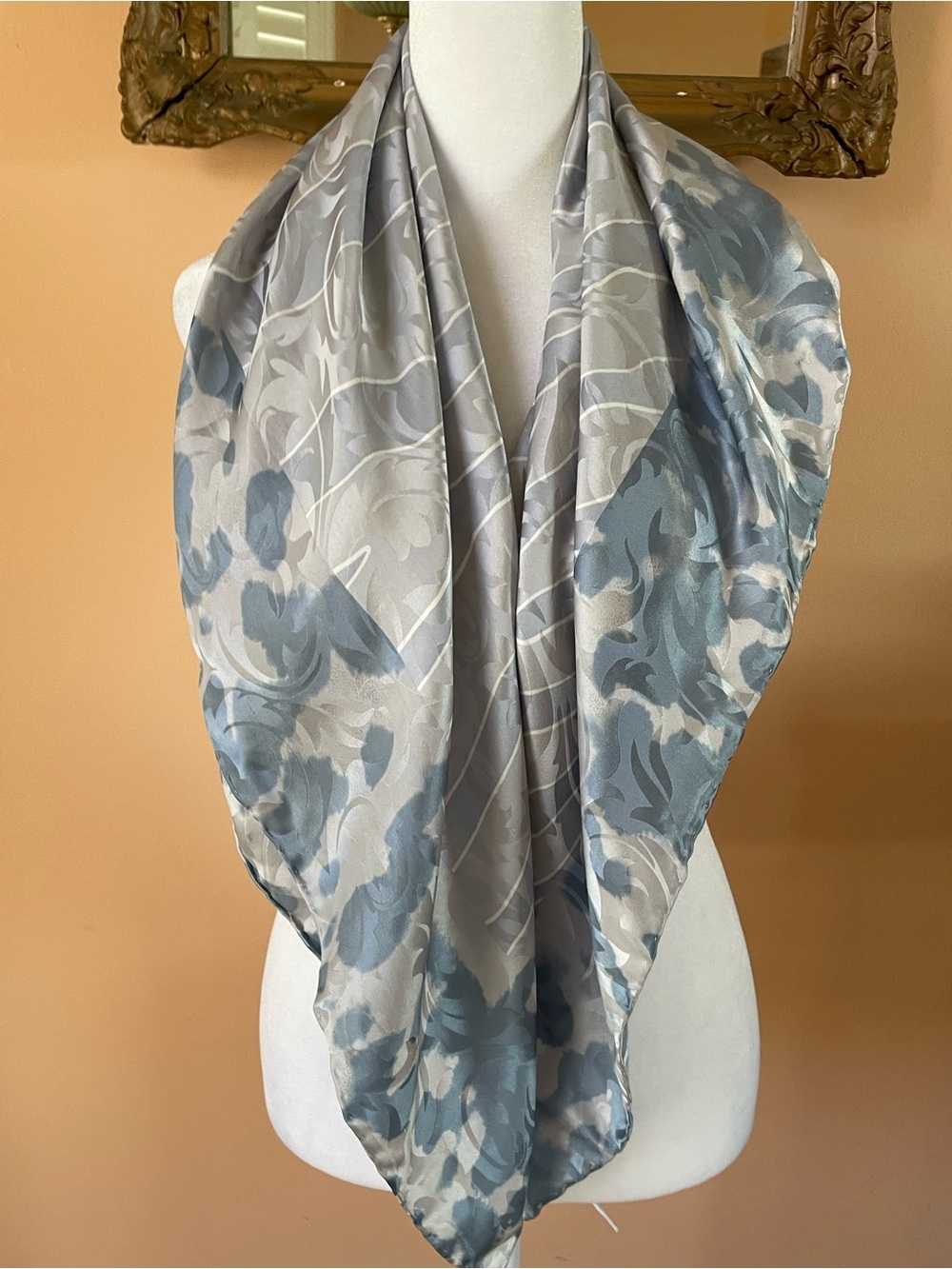 100% Silk Floral Silver & Blue Print Gorgeous Large Scarf. 35” x 35”